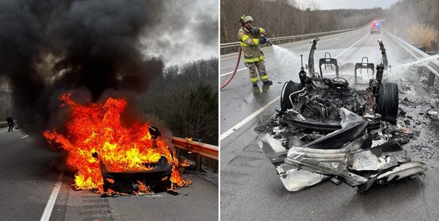 on left, car blazing in flames. on right, fire fighter hosing down the car on fire with a water hose